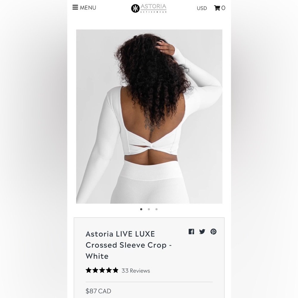 ASTORIA Live Luxe Crossed Sleeve Crop ~ White ~ Large